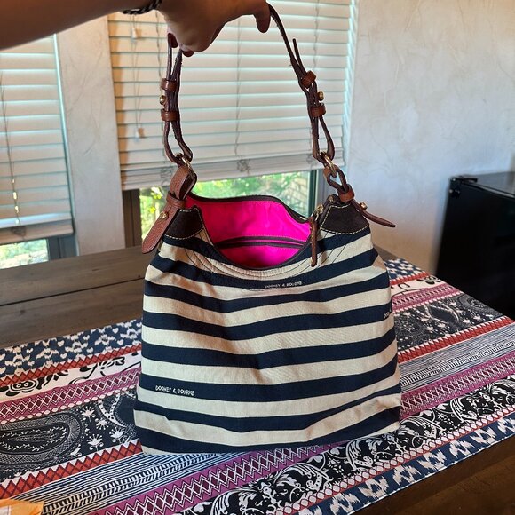 Dooney & Bourke Black and Tan Striped Hobo Shoulder with Hot Pink Interior, EUC - Picture 1 of 13